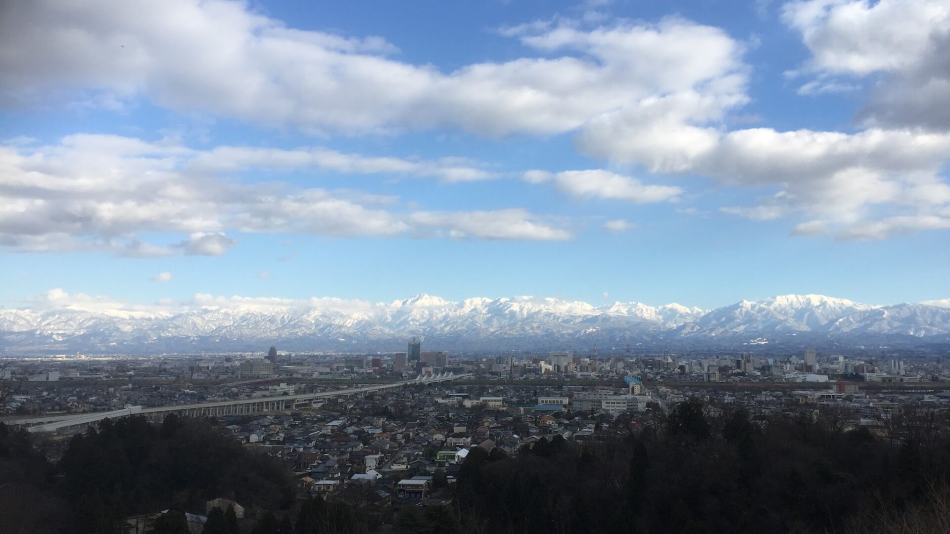 富山市内の街並みと立山連峰
